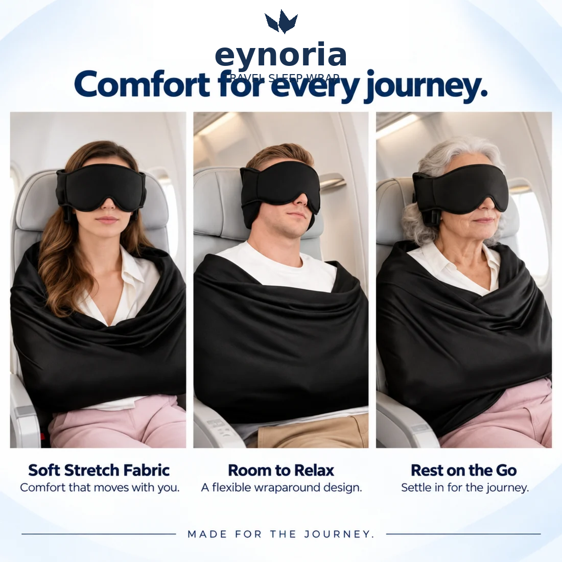 Travellers of all ages sleeping comfortably in the Eynoria travel sleep wrap on a plane