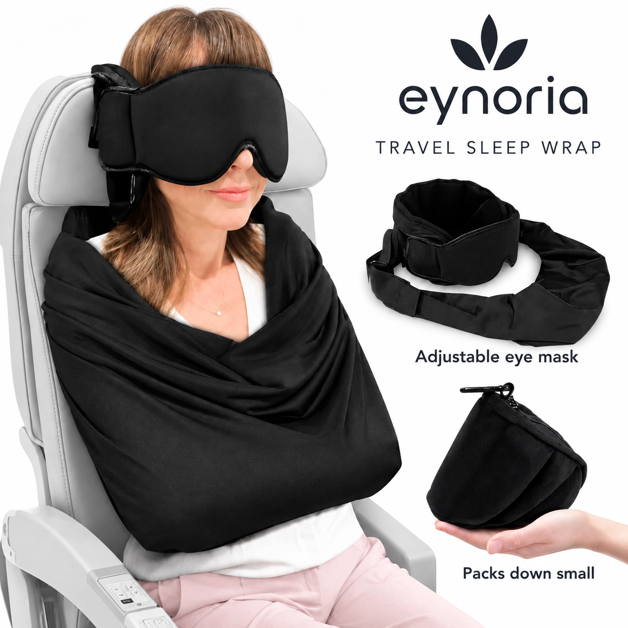Eynoria Travel Sleep Wrap worn on a plane seat, with the adjustable eye mask and compact carry pouch