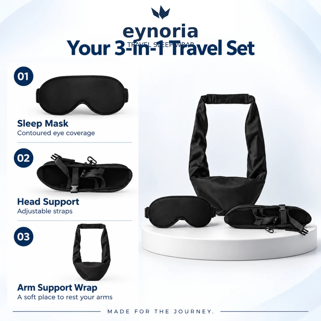 The Eynoria 3-in-1 travel set: sleep mask, adjustable head support and arm support wrap shown together